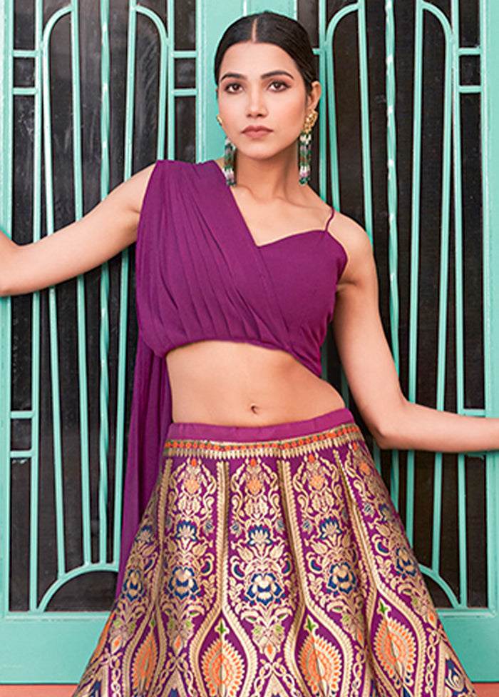 3 Pc Purple Silk Semi Stitched Lehenga Set Pices Online