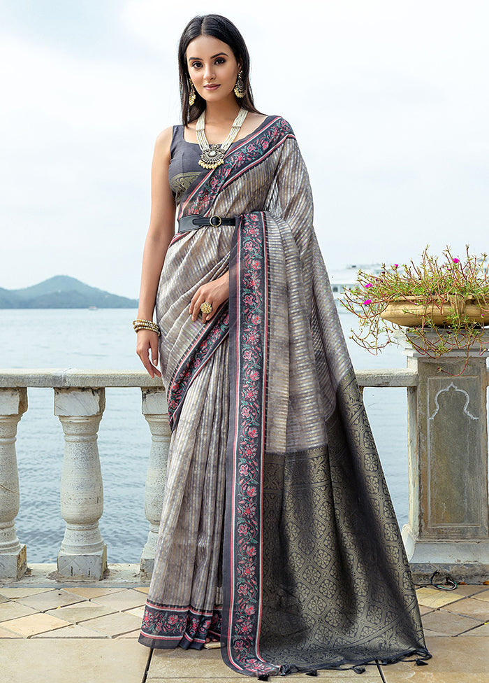 Grey Spun Silk Saree With Blouse Piece High Quality