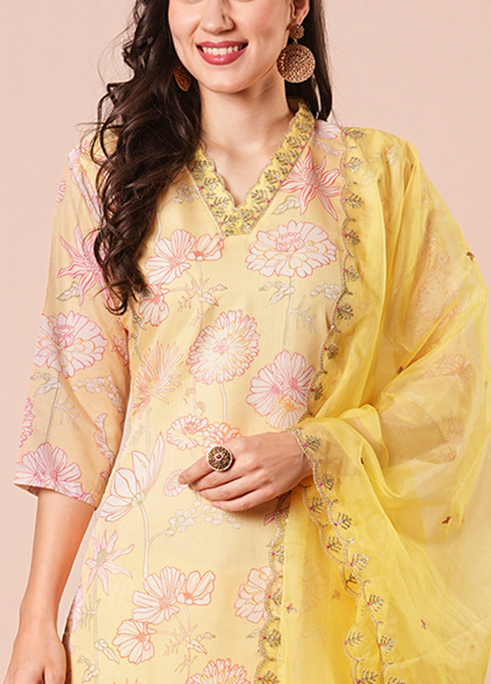 3 Pc Yellow Readymade Silk Dupatta Suit Set Best