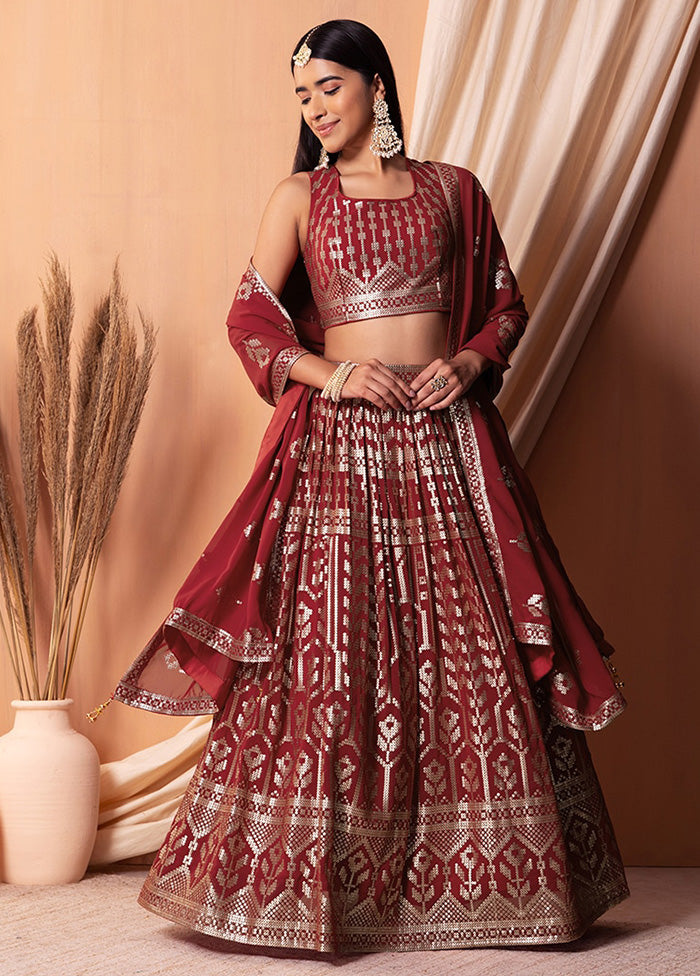 3 Pc Maroon Georgette Semi Stitched Lehenga Set Cheap Sale 2025