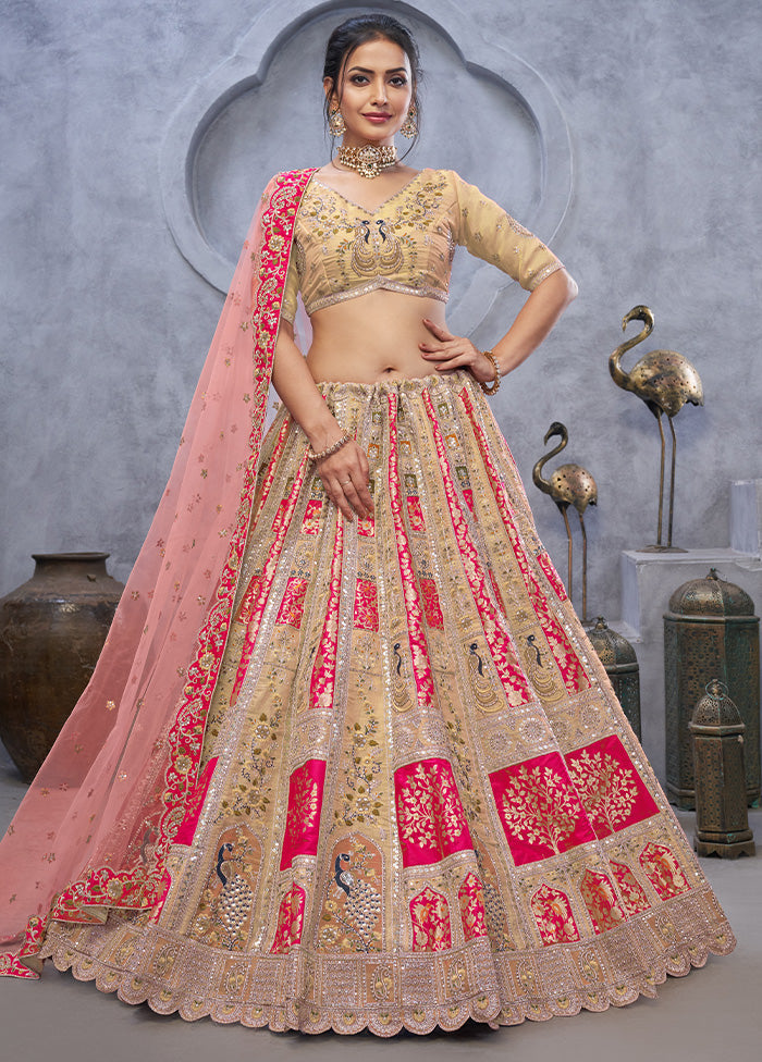 3 Pc Pink Silk Semi Stitched Lehenga Set Free Shipping Order