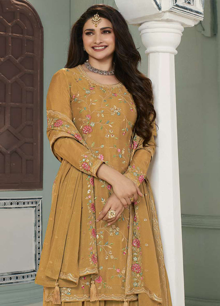 3 Pc Mustard Semi Stitched Viscose Suit Set Free Shipping Buy