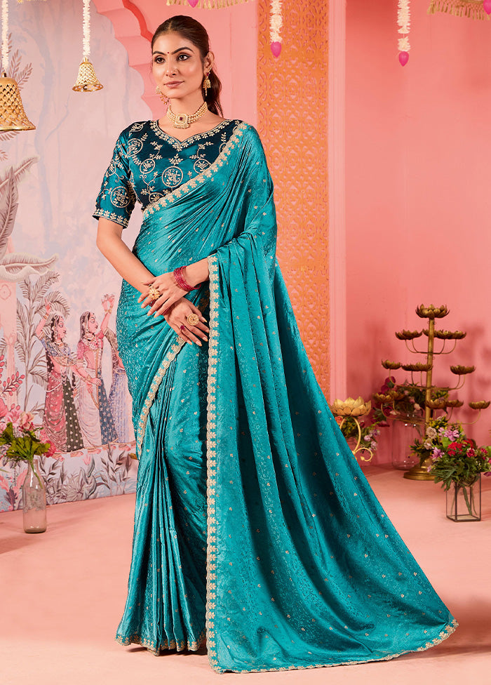 Sea Green Satin Silk Saree With Blouse Piece Shop For Sale