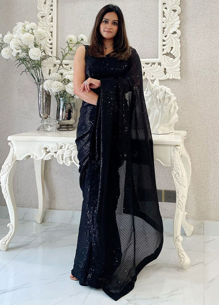 Black Georgette Saree With Blouse Piece For Nice Cheap Price