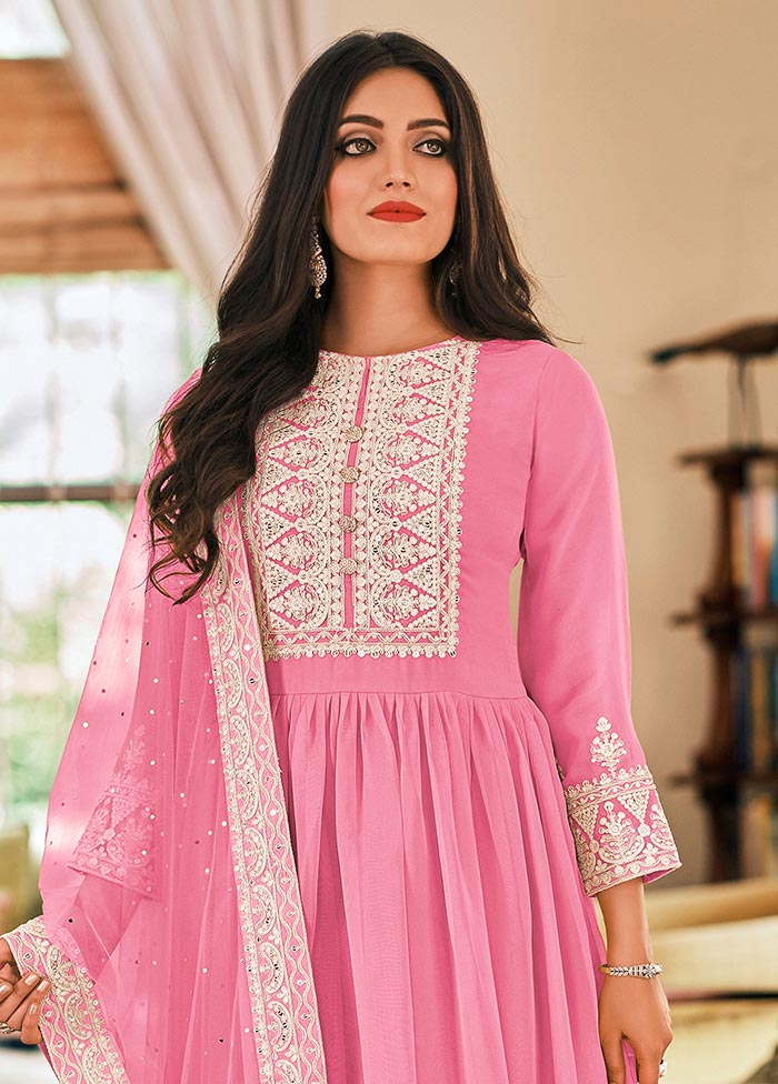 3 Pc Pink Semi Stitched Georgette Suit Set Cheapest Cheap Online