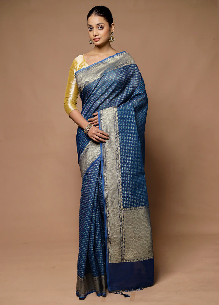 Blue Kora Silk Saree With Blouse Piece Outlet Best Pices