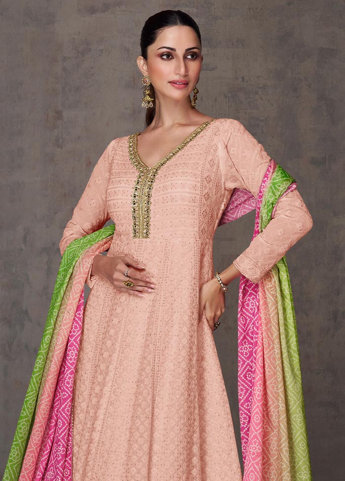 3 Pc Peach Semi Stitched Georgette Suit Set Order Cheap Pice