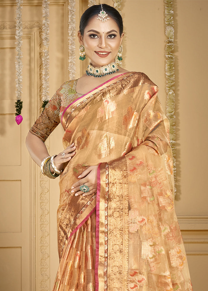 Peach Organza Saree With Blouse Piece Clearance Best Pices