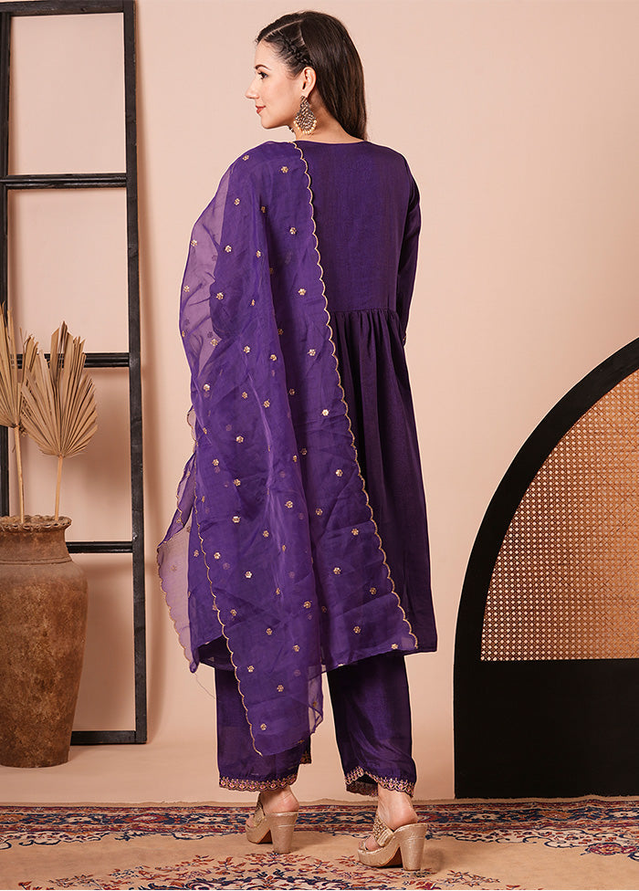 3 Pc Purple Readymade Silk Dupatta Suit Set Cheap Sale Cost