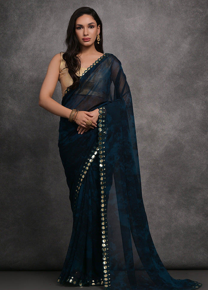 Navy Blue Chiffon Silk Saree With Blouse Piece New Arrival Cheap Pice