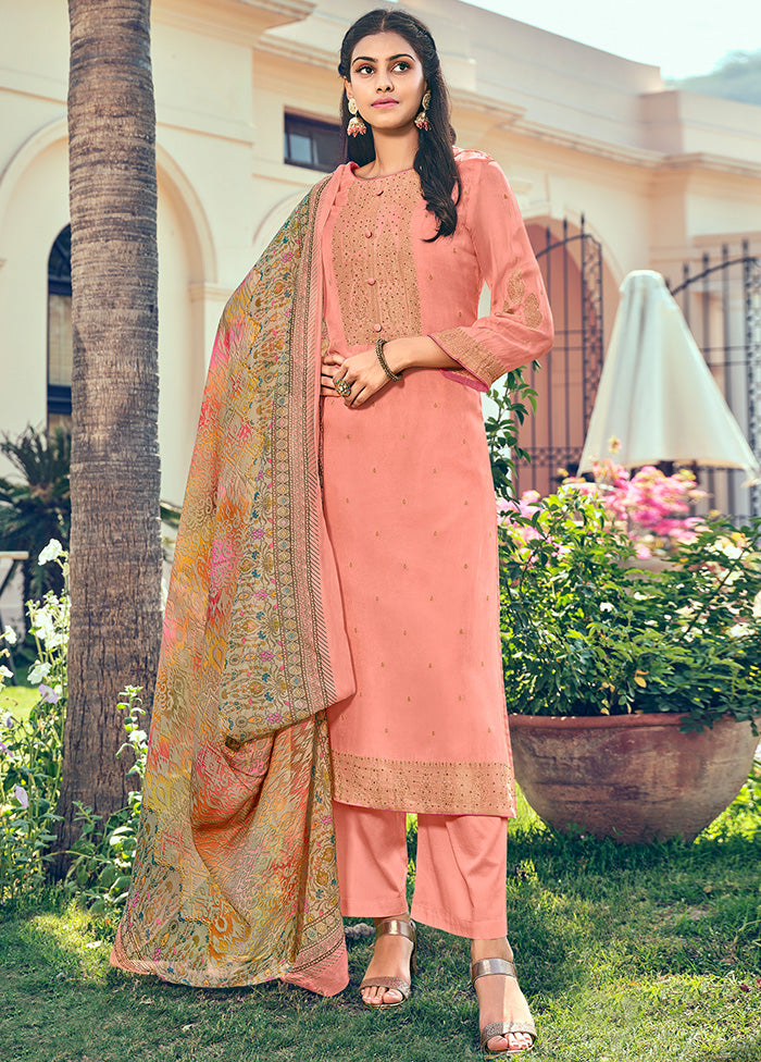 3 Pc Peach Unstitched Pure Silk Suit Set Sale Visa Payment