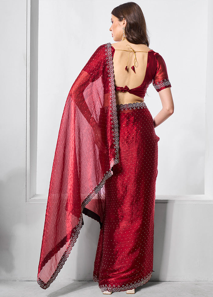 Maroon Spun Silk Saree With Blouse Piece Clearance Low Shipping