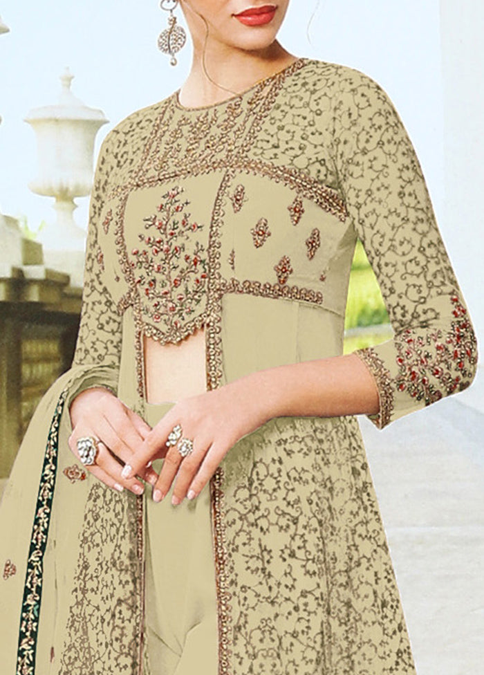 3 Pc Beige Semi Stitched Net Suit Set Online Online High Quality