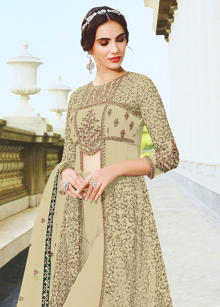 3 Pc Beige Semi Stitched Net Suit Set Online Online High Quality