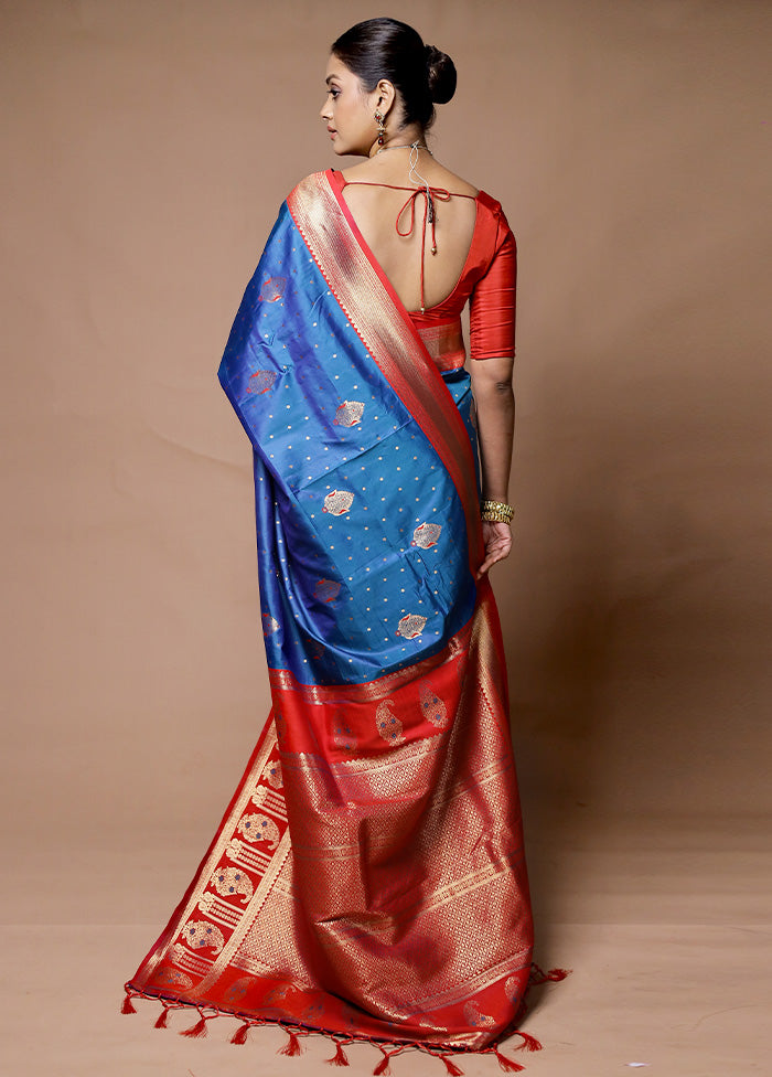 Blue Dupion Silk Saree With Blouse Piece Brand New Unisex Cheap Online