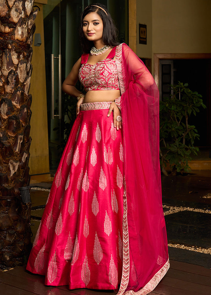 3 Pc Pink Silk Semi Stitched Lehenga Set Footaction Online