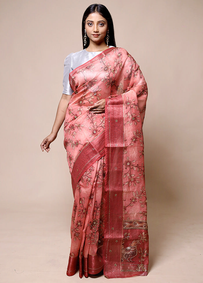 Pink Tussar Silk Saree With Blouse Piece Cheap Pice Original