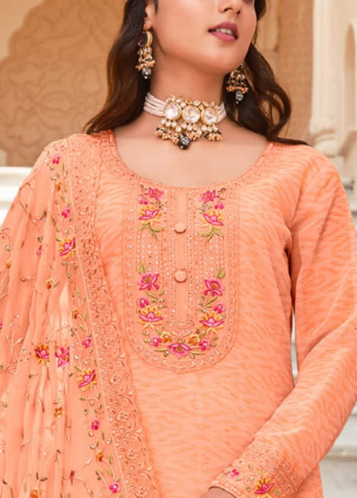 3 Pc Peach Semi Stitched Georgette Suit Set Cheap Low Pice Fee Shipping