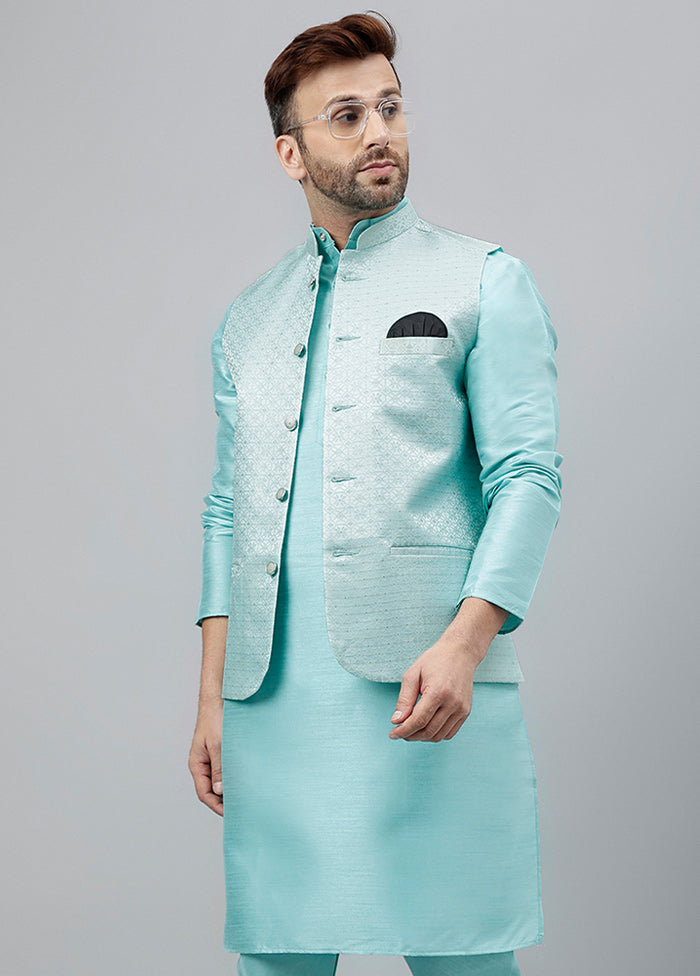 3 Pc Turquoise Dupion Silk Nehru Set 100% Guaranteed