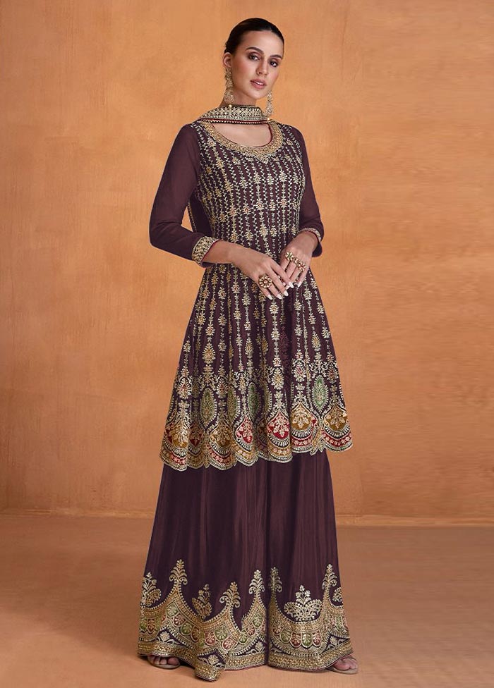 3 Pc Brown Semi Stitched Georgette Suit Set Reliable