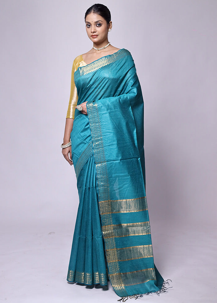 Blue Tussar Silk Saree With Blouse Piece Official Site Sale Online