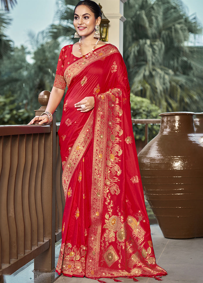 Red Dupion Silk Saree With Blouse Piece Free Shipping For Nice