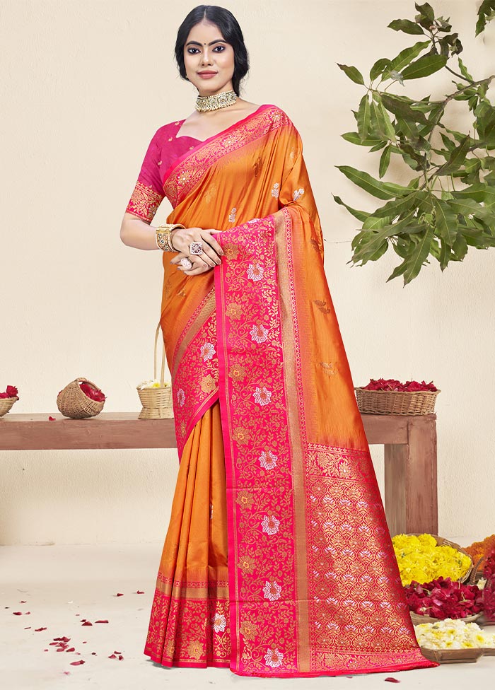 Orange Dupion Silk Saree With Blouse Piece Cheap Sale Pictures