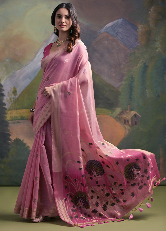 Pink Pure Cotton Saree With Blouse Piece For Sale Free Shipping