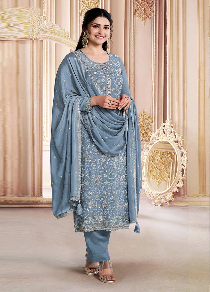 3 Pc Sky Blue Semi Stitched Silk Suit Set Online Online Cheap Online