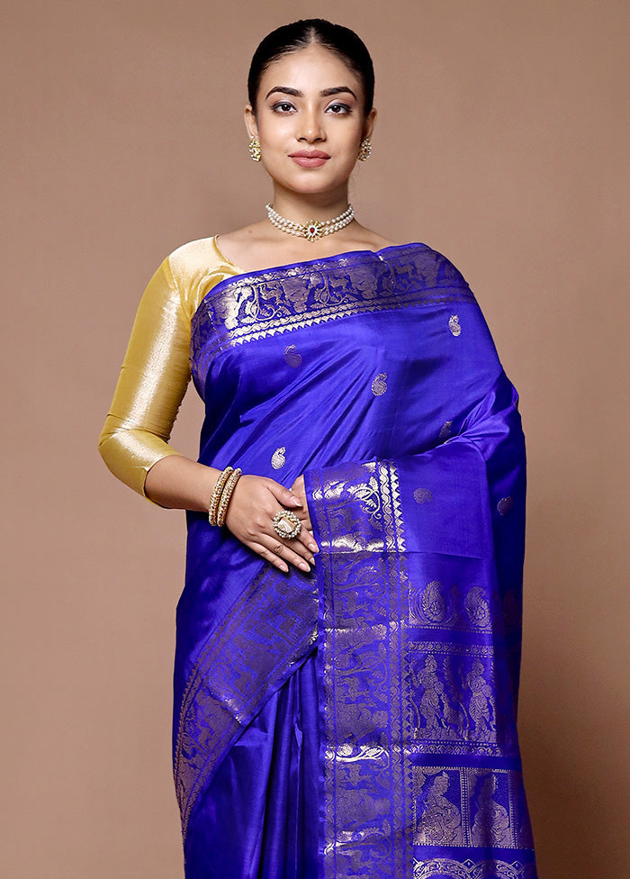 Blue Handloom Baluchari Pure Silk Saree With Blouse Piece 2025 Sale Online