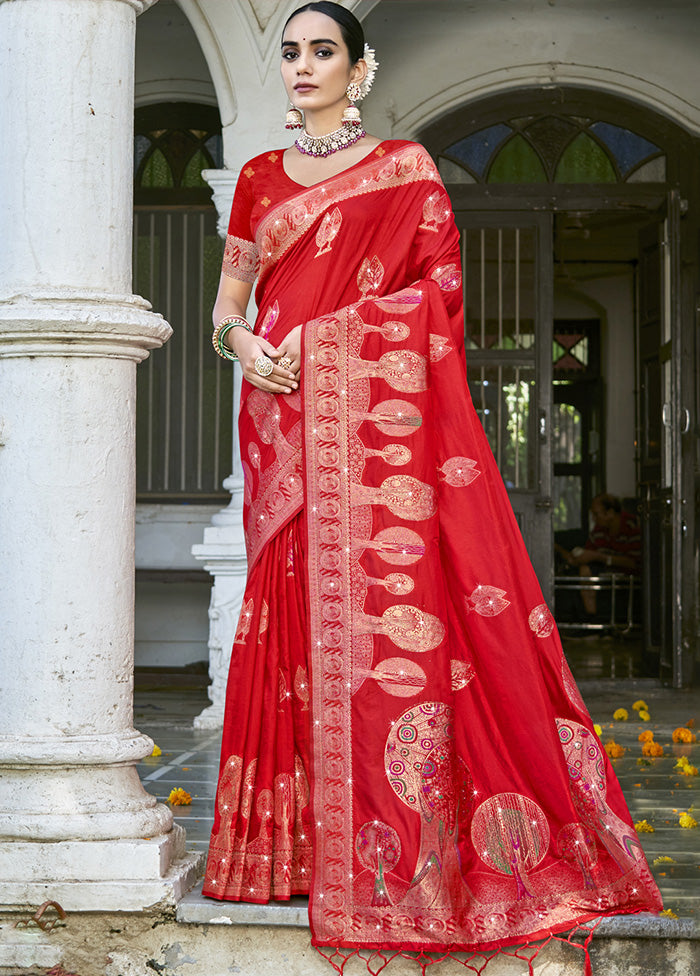 Red Spun Silk Saree With Blouse Piece Sale Supply