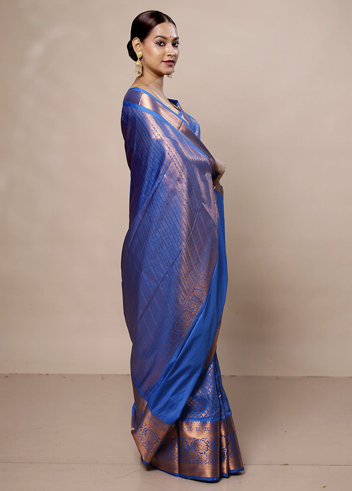 Blue Kanjivaram Silk Saree With Blouse Piece Clearance Huge Surprise