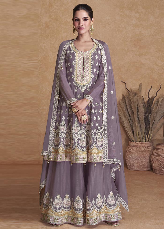 3 Pc Lavender Semi Stitched Georgette Suit Set Clearance Store Cheap Online