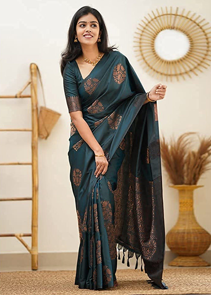 Teal Banarasi Silk Saree With Blouse Piece Pre Order For Sale