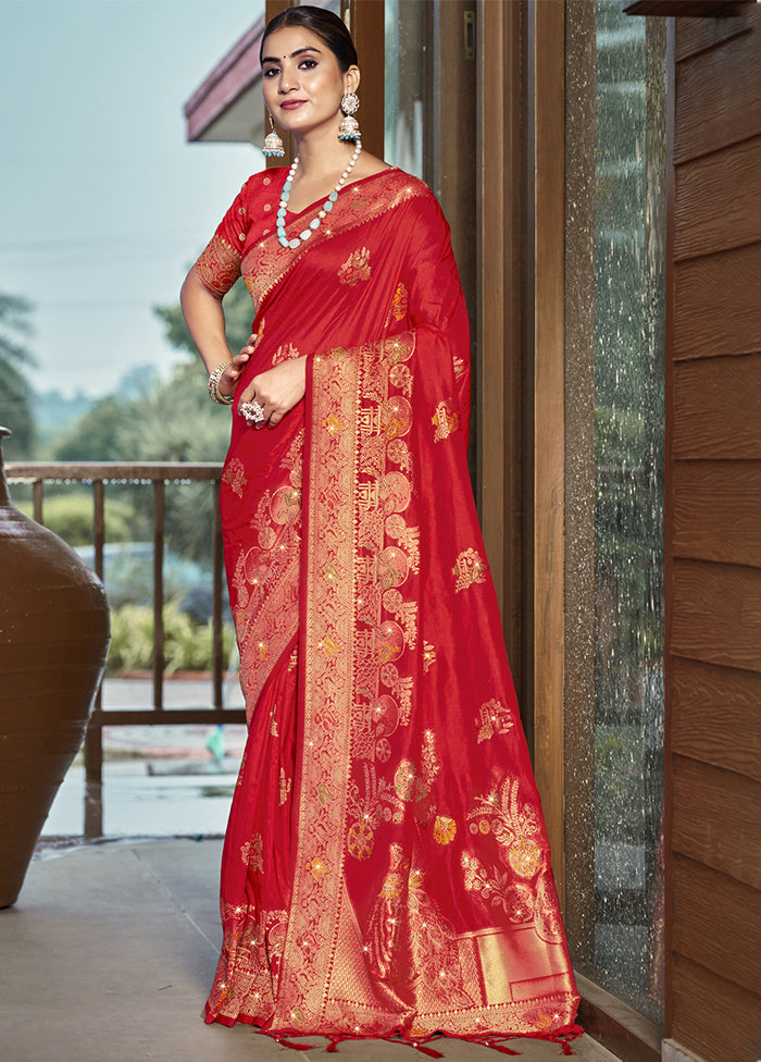 Red Dupion Silk Saree With Blouse Piece Free Shipping Huge Surprise