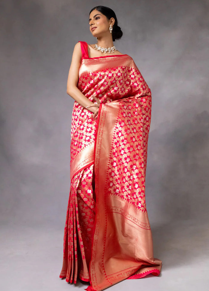 Red Banarasi Silk Saree With Blouse Piece Cheap Sale Excellent