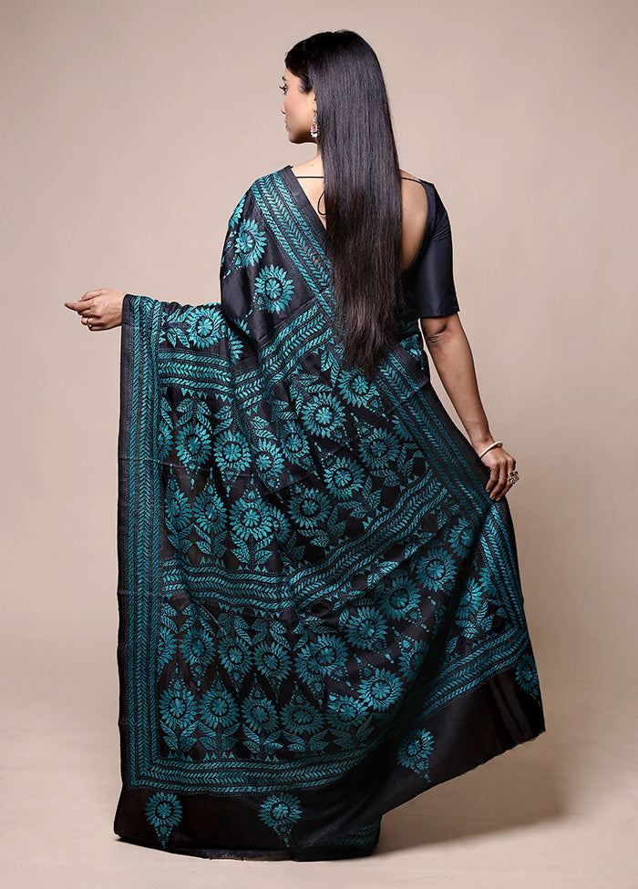 Black Handloom Kantha Stitch Pure Silk Saree With Blouse Piece Discount Low Shipping Fee