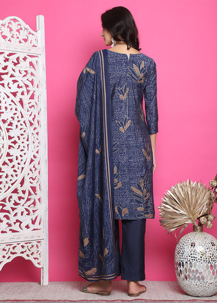 3 Pc Navy Blue Unstitched Silk Suit Set Buy Cheap Best Pices