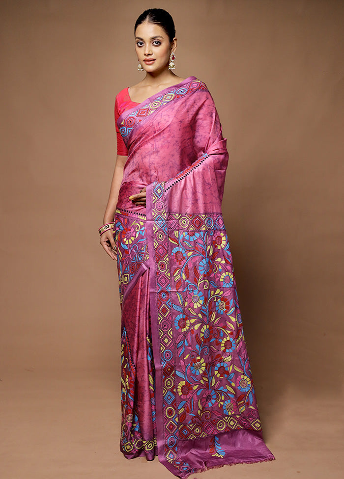 Purple Kantha Stitch Silk Saree With Blouse Piece Websites Cheap Pice