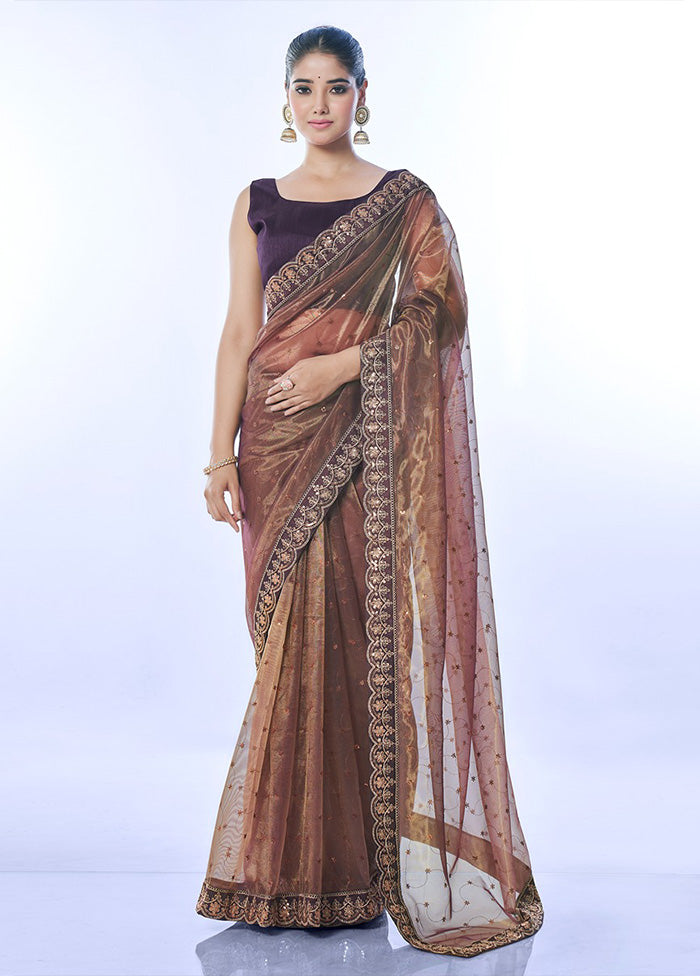 Brown Net Net Saree With Blouse Piece Buy Cheap Best Pices