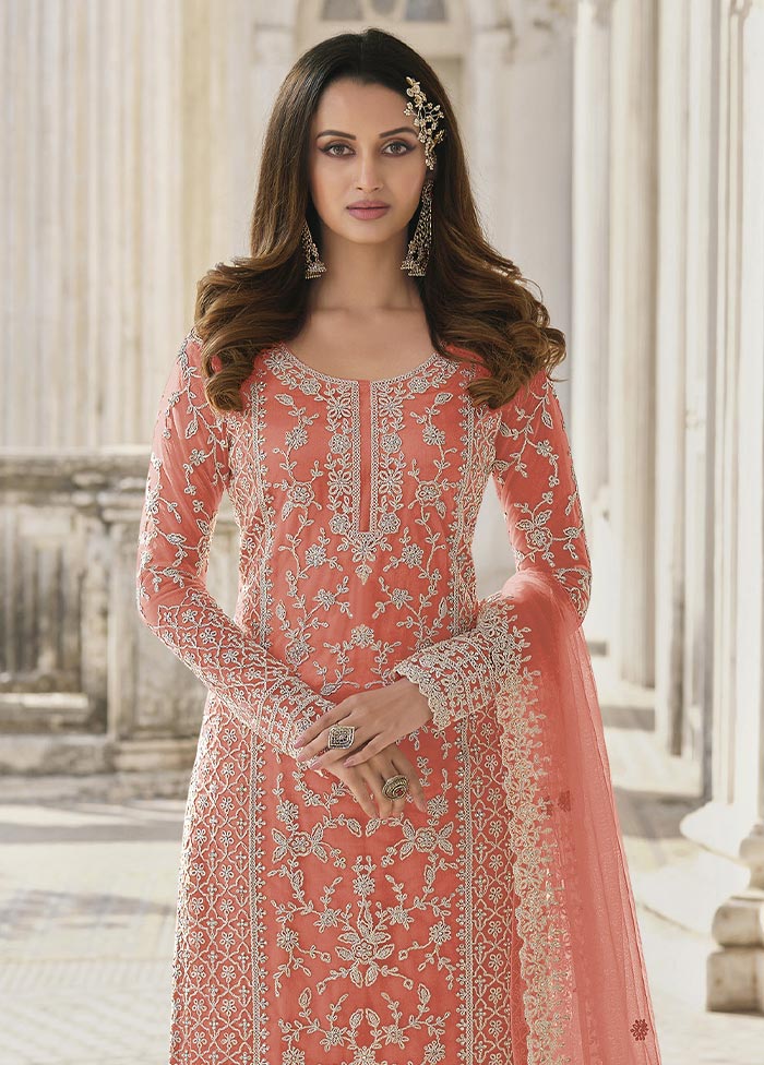 3 Pc Peach Semi Stitched Net Suit Set With Credit Card Online