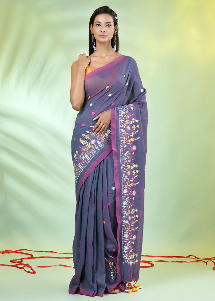 Grey Cotton Saree With Blouse Piece Sale Extremely