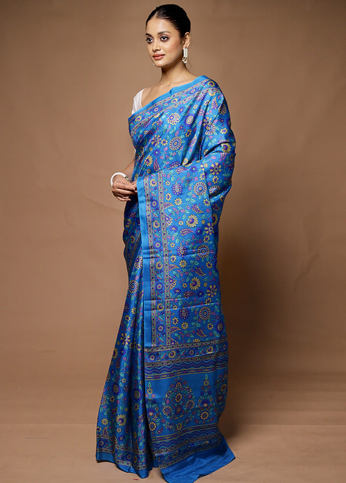 Blue Printed Pure Silk Saree Without Blouse Piece Sale Classic