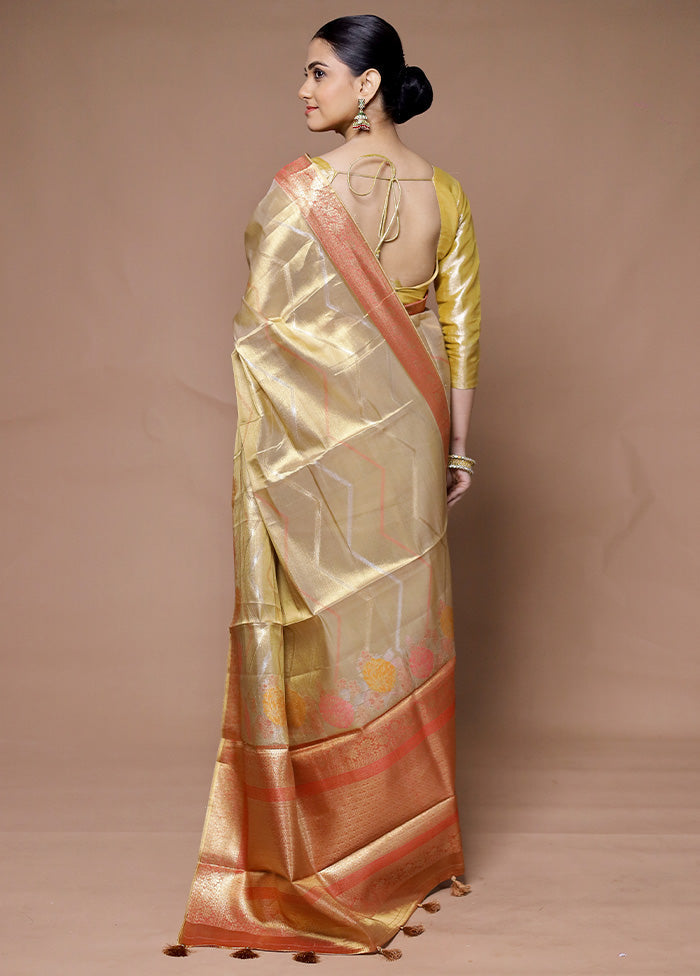 Golden Tissue Silk Saree With Blouse Piece Low Pice Fee Shipping For Sale