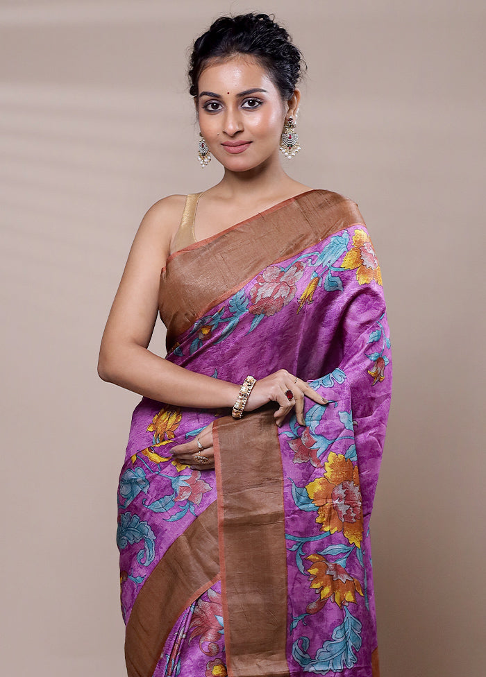 Purple Tussar Silk Saree With Blouse Piece Shop For Cheap Online