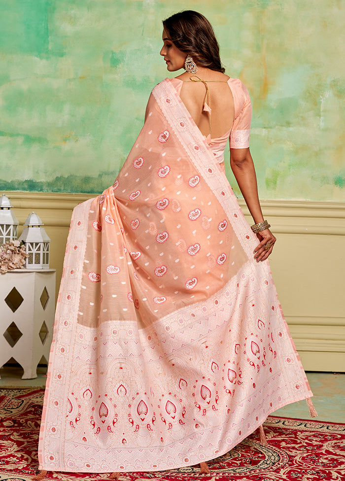 Peach Cotton Saree With Blouse Piece Authentic Online