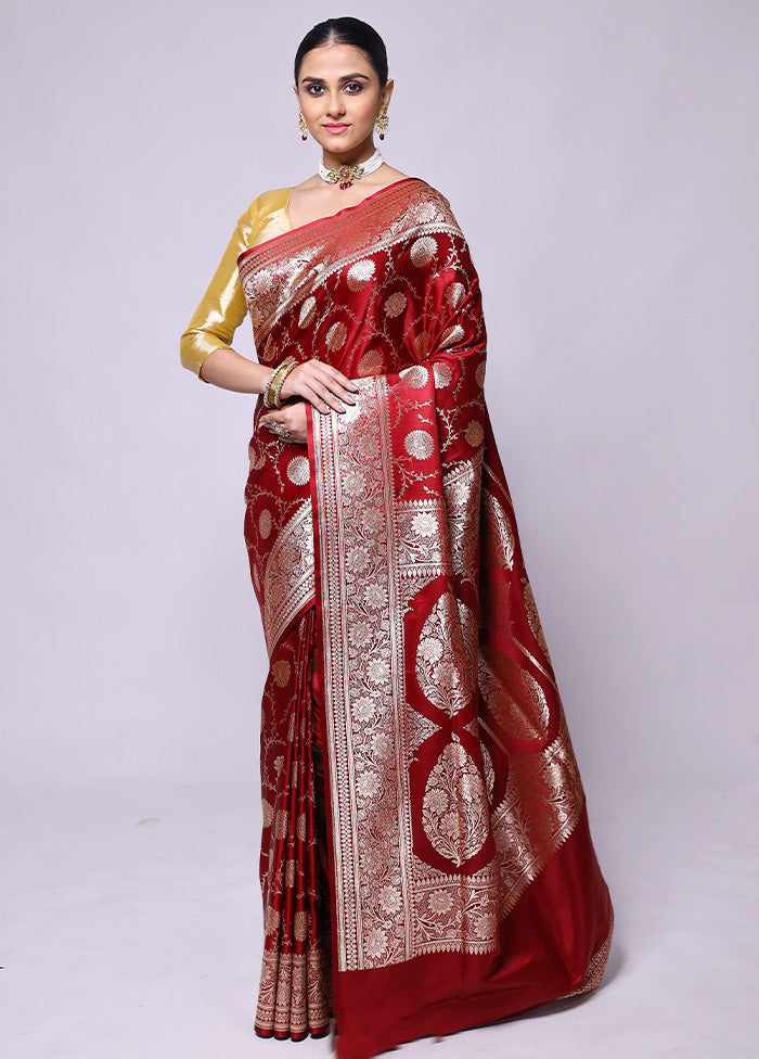 Maroon Banarasi Silk Saree With Blouse Piece Buy Cheap Reliable