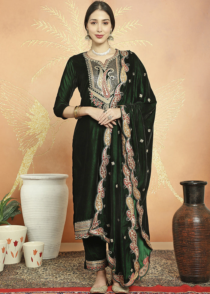 3 Pc Green Unstitched Velvet Suit Set Visit For Sale