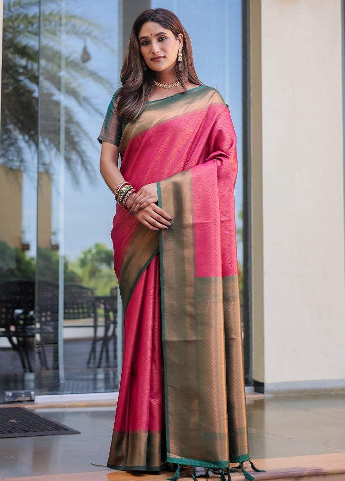 Pink Kanjivaram Silk Saree With Blouse Piece Cheap Sale Finishline