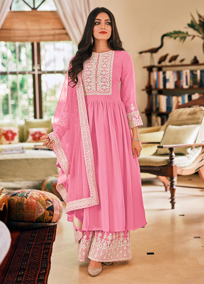 3 Pc Pink Semi Stitched Georgette Suit Set Cheapest Cheap Online